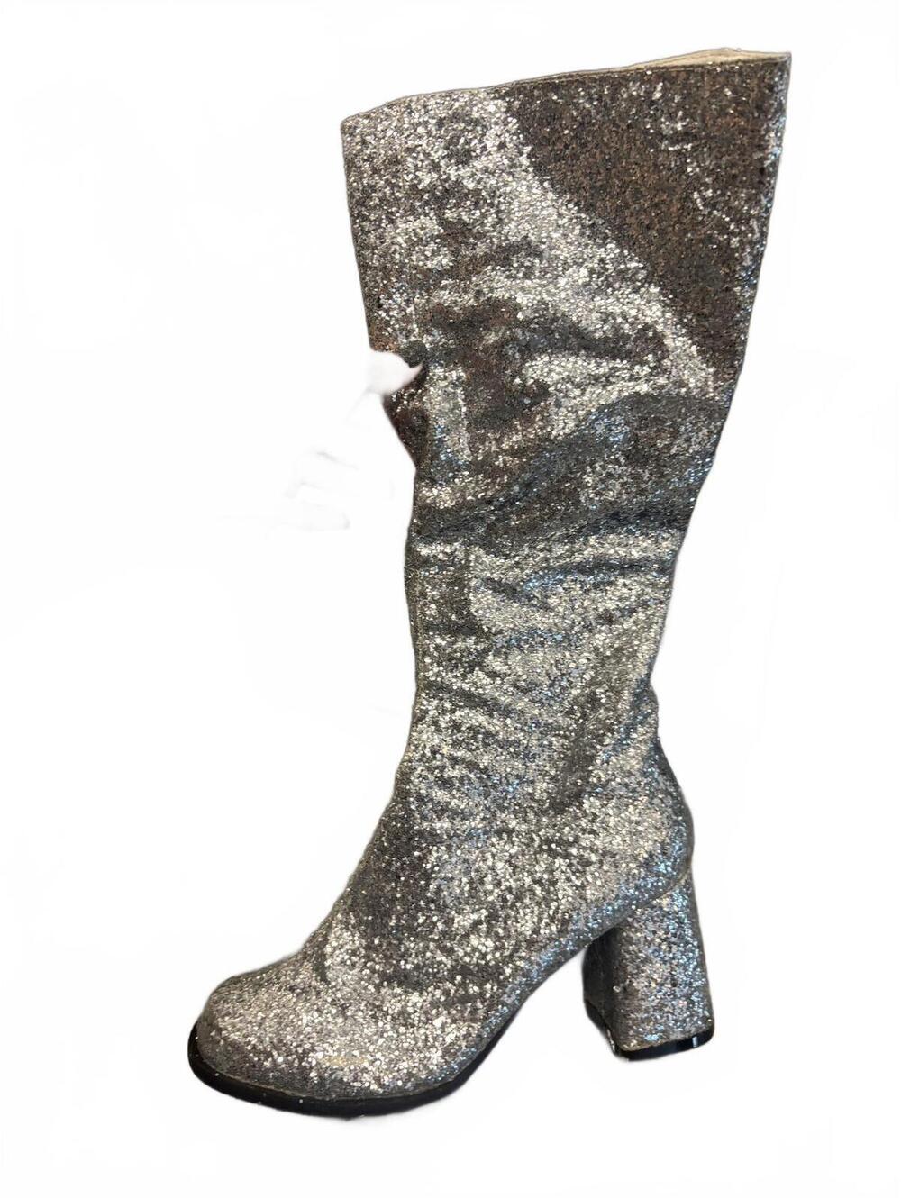 Silver Glitter 3-Inch Heel Gogo Boots with Zipper, Size 8